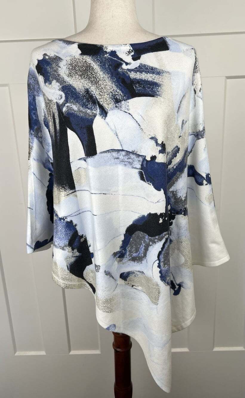Chico’s NWT Foil Abstract Poncho L XL Blue Gold Metallic Asymmetrical Artsy